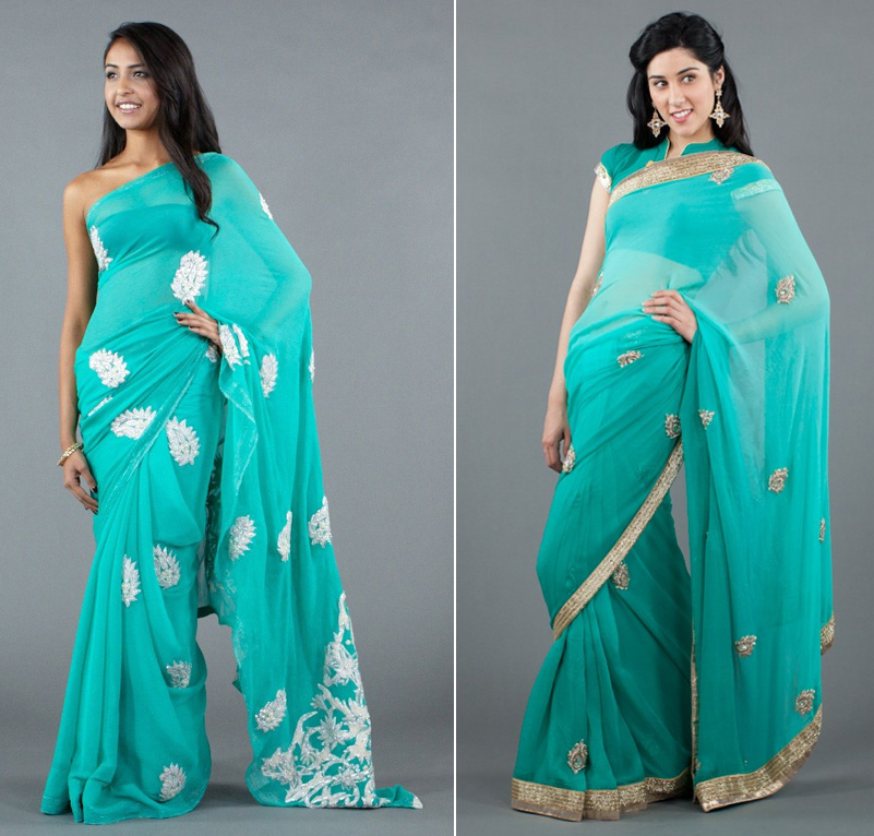 Luxemi 39s Turquoise Saree with White Patterns left and Turquoise Chiffon